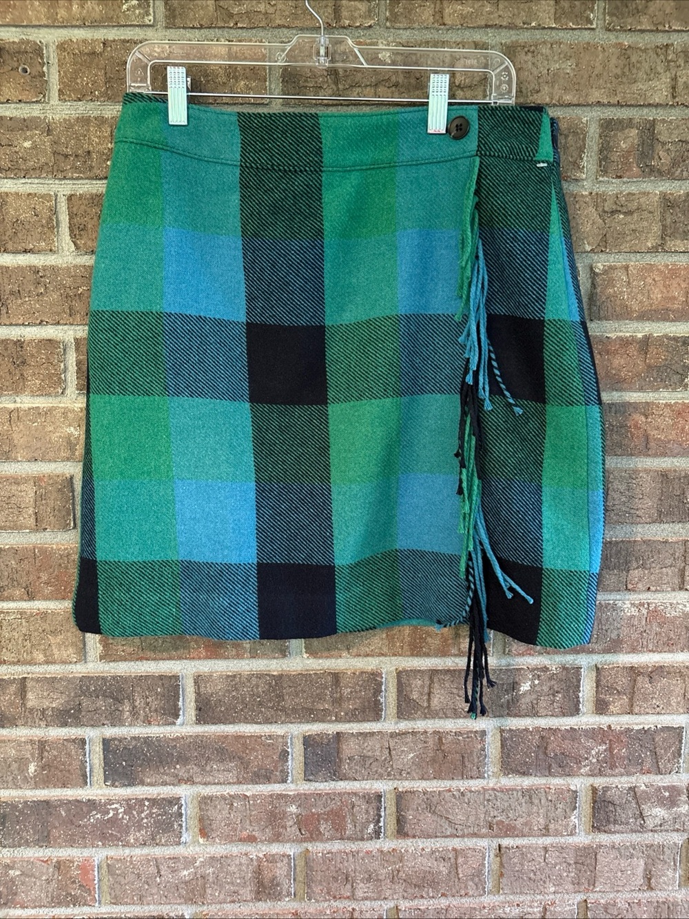 Talbots Green and Blue Frost Plaid Wrap Skirt with Fringe Accent 10P
